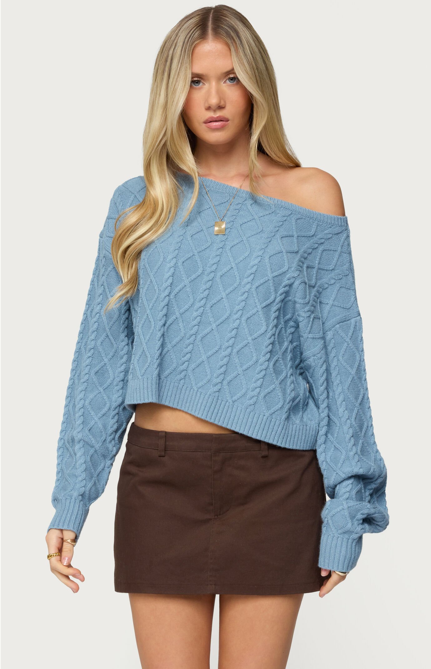 Edikted Oversized Off Shoulder Cable Knit Sweater