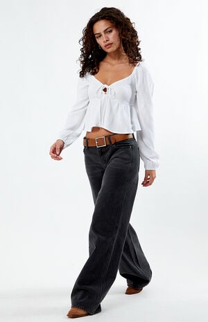 Long Sleeve Keyhole Linen Babydoll Top image number 4