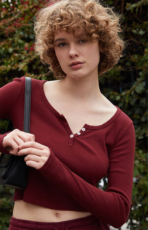 Burgundy Long Sleeve Henley Top image number 2