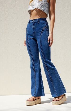 Dark Blue Pintuck Stretch High Waisted Flare Jeans image number 3