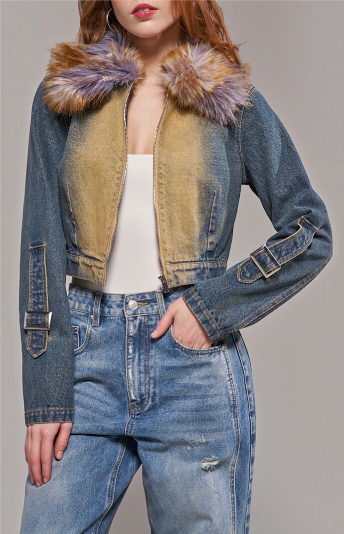 AZALEA WANG Coralyn Cropped Faux Fur Jean Jacket