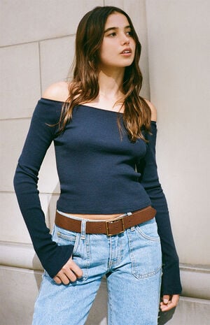 Navy Mayson Off-The-Shoulder Long Sleeve Top image number 1