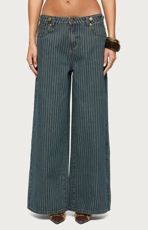 Button Pinstripe Low Rise Baggy Jeans image number 1