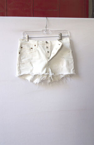Upcycled White Levi's 501 Raw Hem Denim Shorts image number 2