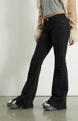 Black Lace-Up Low Rise Flare Jeans image number 4