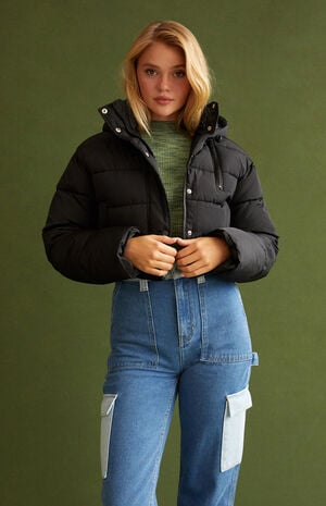 Black Hooded Puffer Jacket image number 3