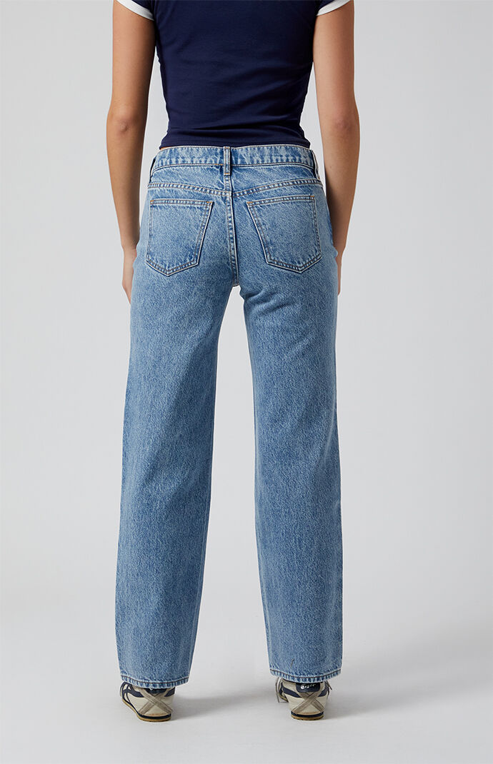 【BOK PLACE】Medium blue washing straight fit denim pants POSEY wide mid-rise elastic waistband denim pant - GOTS