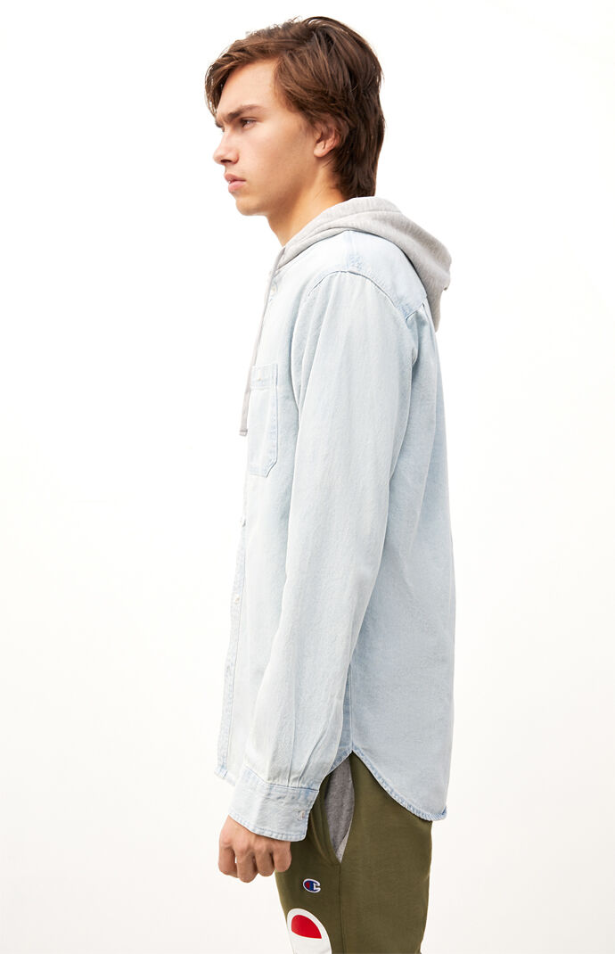 Hooded Denim Long Sleeve Button Up Shirt