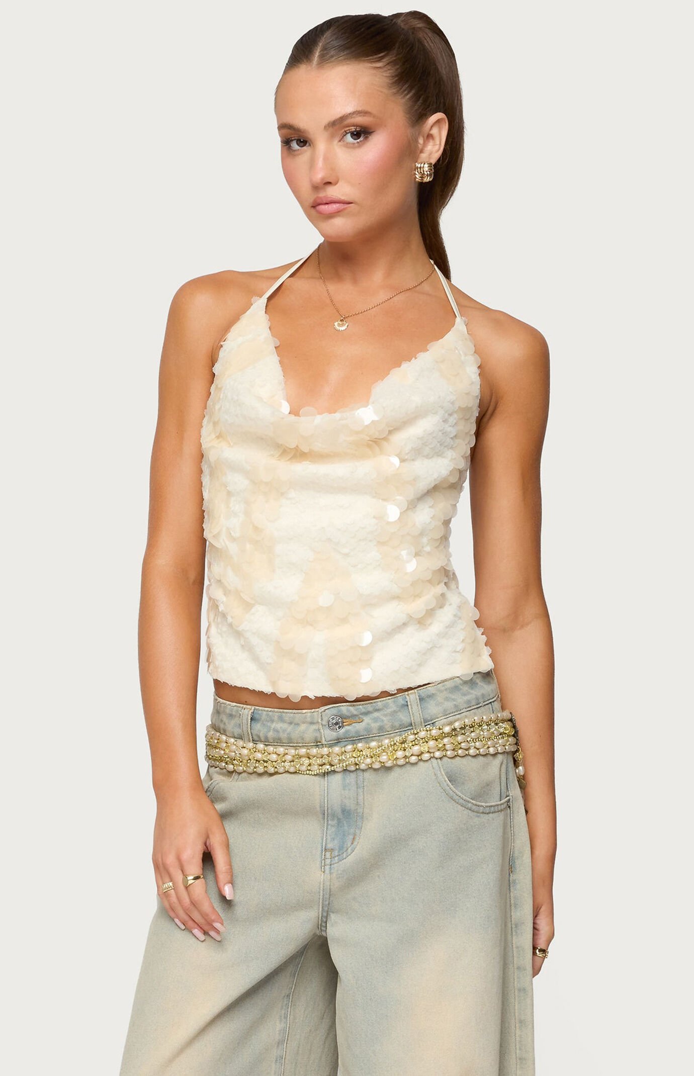 Edikted Reid Backless Sequin Cowl Neck Top