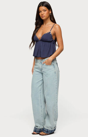 Plaid Cuffed Low Rise Baggy Jeans image number 4