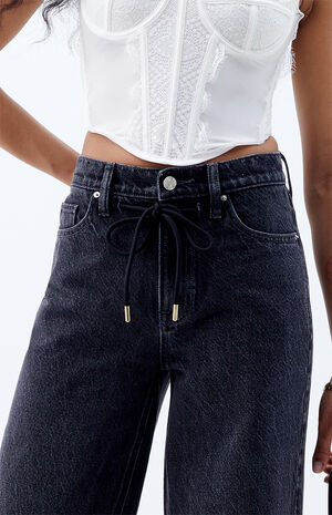 Cali Black Drawstring Baggy Boyfriend Jeans image number 2