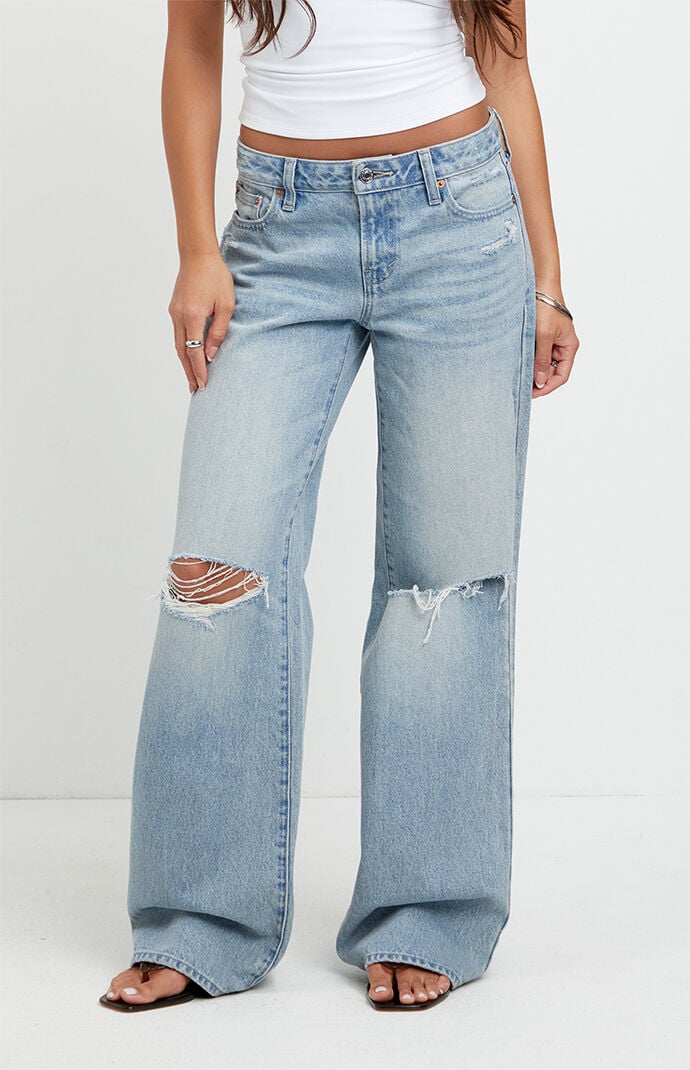 Pacsun Casey Low Rise Baggy Jeans Ripped Knee Light Blue