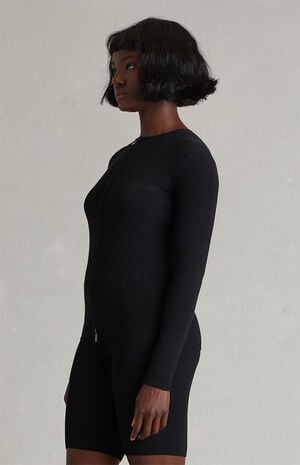 Women's Vintage Black Signature Ribbed Knit Long Sleeve Zip Up Top image number 3