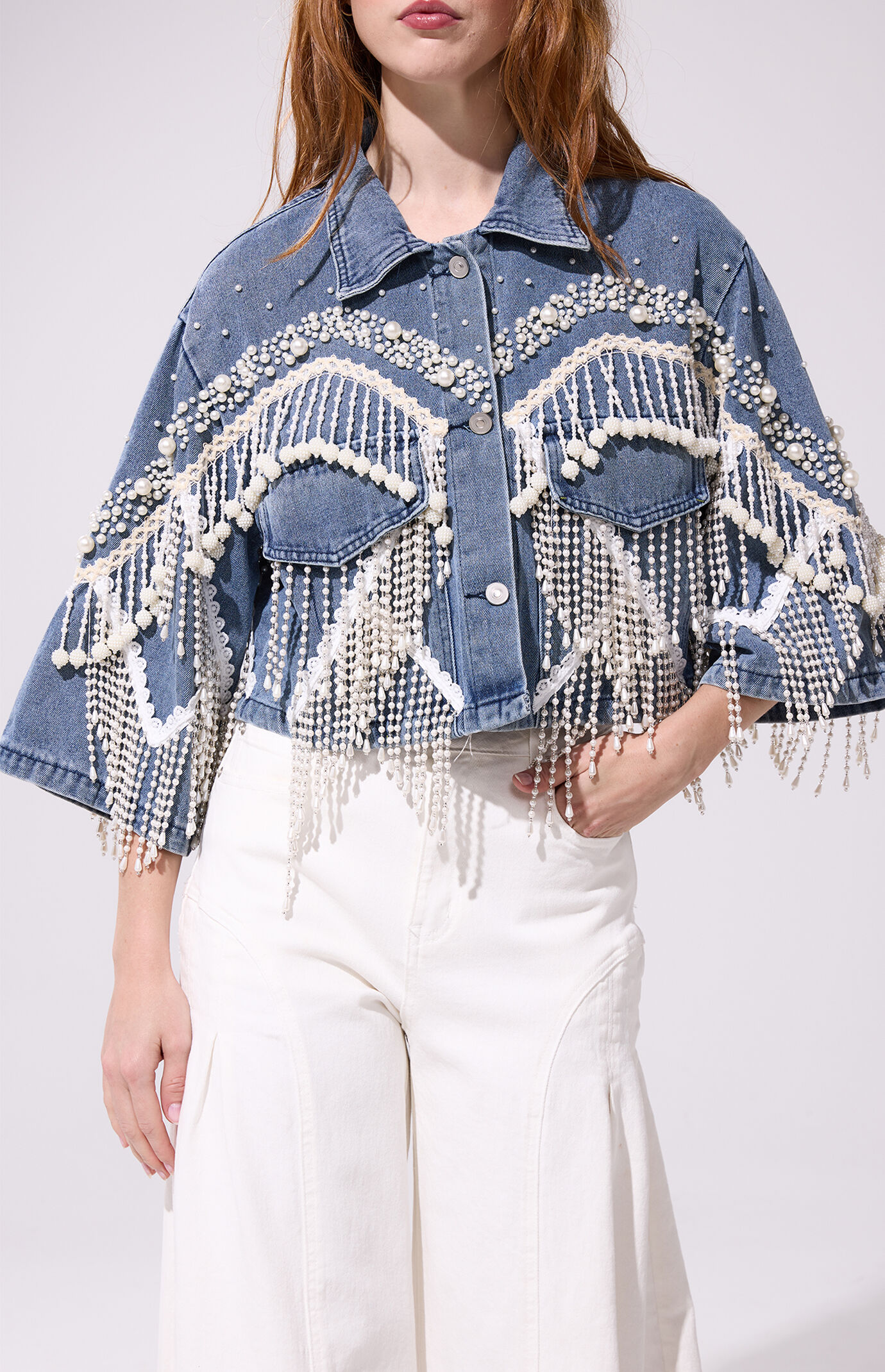 AZALEA WANG Adelynne Pearl Cropped Denim Jacket