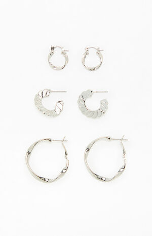 3 Pack Silver Textured Hoop Earrings image number 3