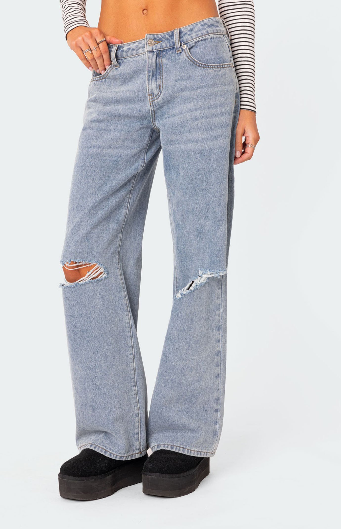 Edikted Debbie Distressed Low Rise Baggy Jeans