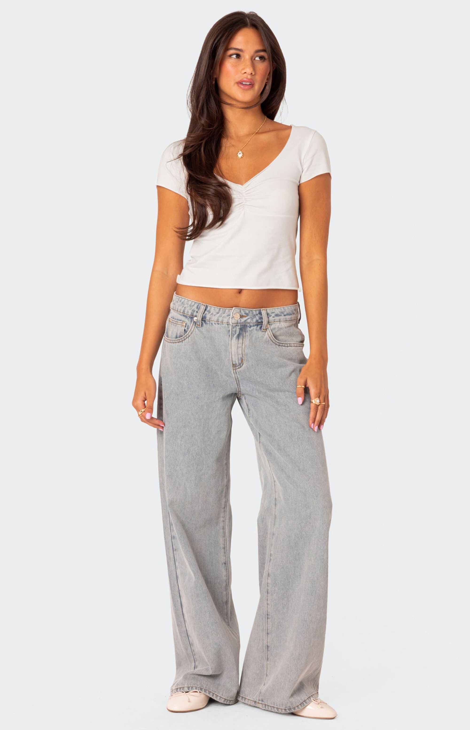 A V-neckline Drawstring Ruched Top