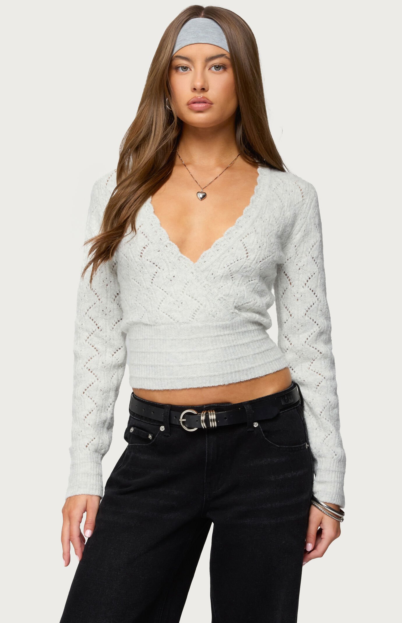 Edikted Janine Pointelle Knit V Neck Top