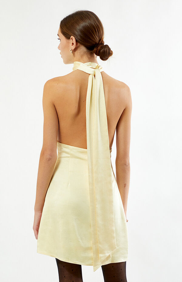 Beverly and Beck Women's Vera Satin Halter Mini Dress in Butter - Size Large Beverly and Beck Women's Vera Satin Halter Mini Dress in Butter - Size Large