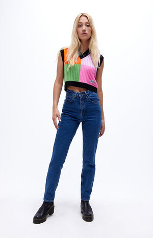 Dark Blue Butt Cut Mom Jeans Dark Blue Butt Cut Mom Jeans image number null