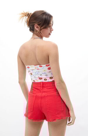Eco Red High Waisted Denim Festival Shorts image number 3