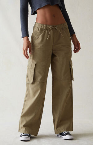 Olive Drawstring Waist Baggy Cargo Pants image number 1