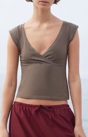 Brown Amara Surplice Short Sleeve Top image number 2