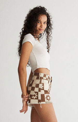 Eco Flower Checkerboard&nbsp;High Waisted Denim Festival Shorts image number 3