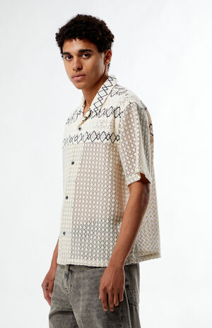 Cream Textured Oversized Resort Camp Shirt image number 3