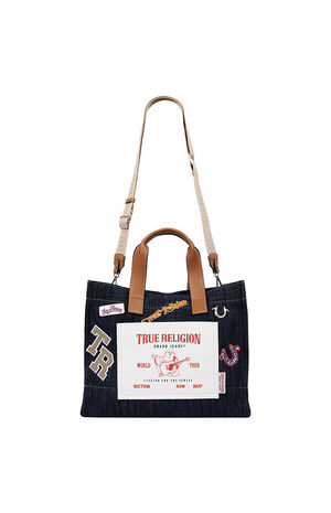 Andy Dark Denim Multi Patch Medium Tote Bag image number 8