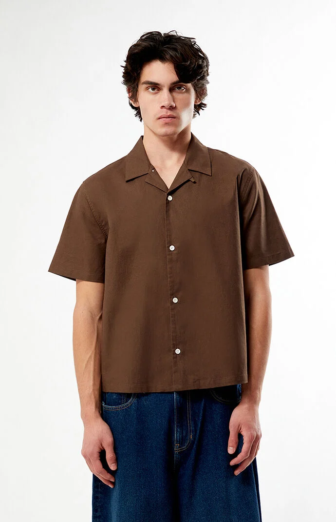 Pacsun Elai BrownÂ Linen Camp ShirtÂ 