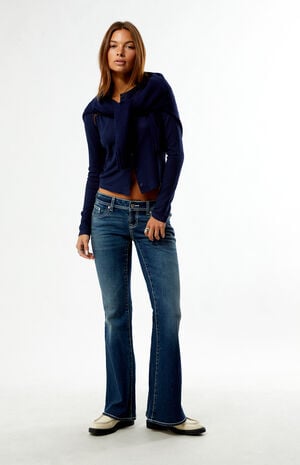 Alana Ultra Low Rise Flare Jeans Contrast Stitch Dark Blue image number 1