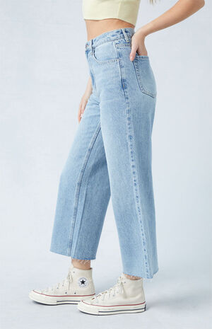 Eco Light Indigo Raw Cut Cropped Wide Leg Jeans image number 2