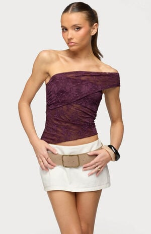 Asymmetric One Shoulder Sheer Lace Top image number 1