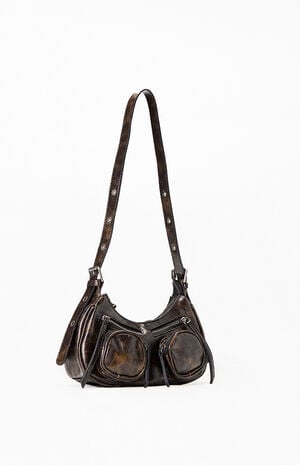 Faux Leather Distressed  Double Pocket Shoulder Bag image number 2