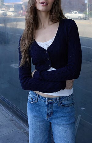 Blue Cable Knit Cropped Cardigan image number 2