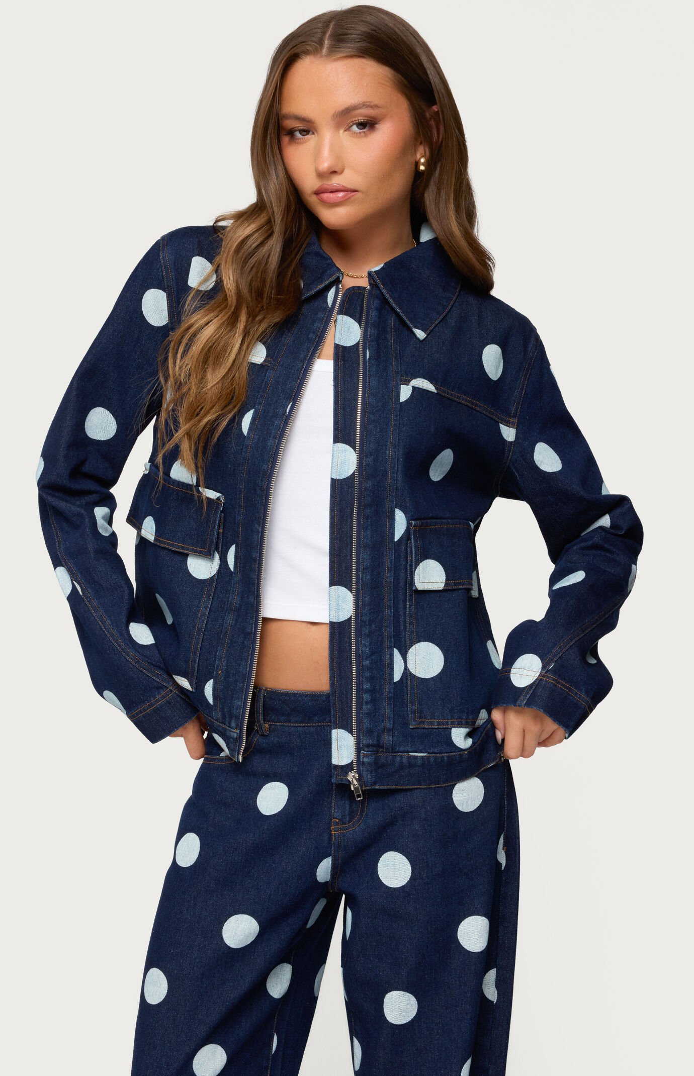 Edikted Leyah Polka Dot Oversized Denim Jacket