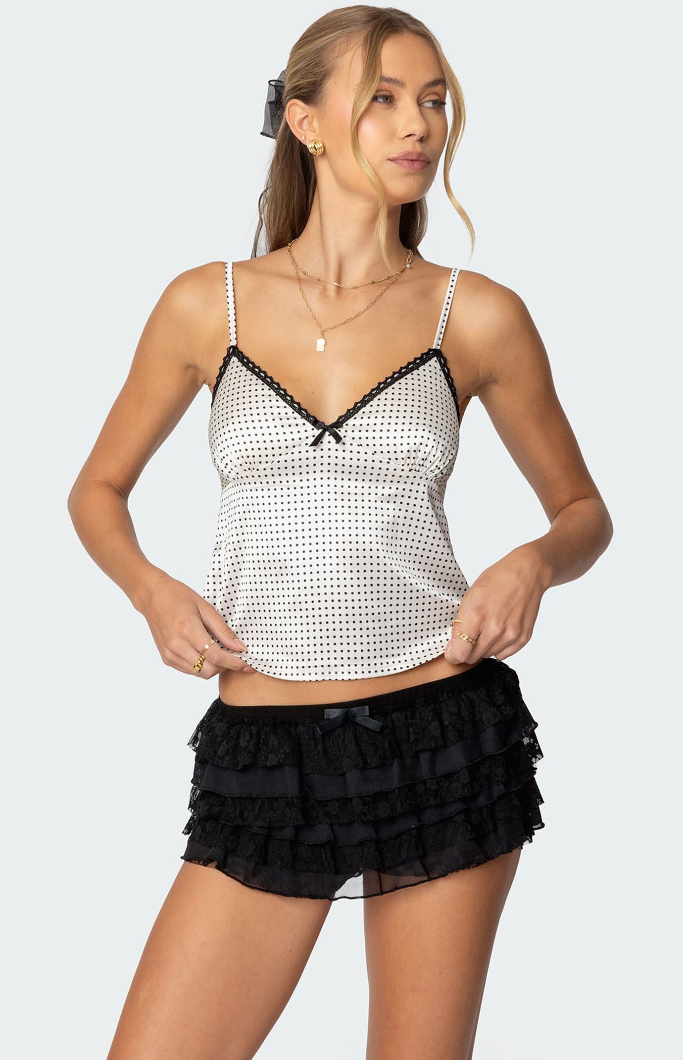 Edikted Polka Dot Satin Lace Trim Top | PacSun
