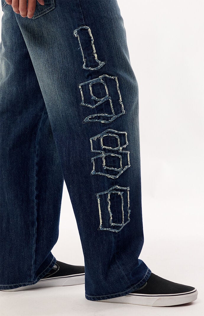 Pacsun Dylan Baggy Jeans Frayed 1980 Applique Dark Blue | Pacsun