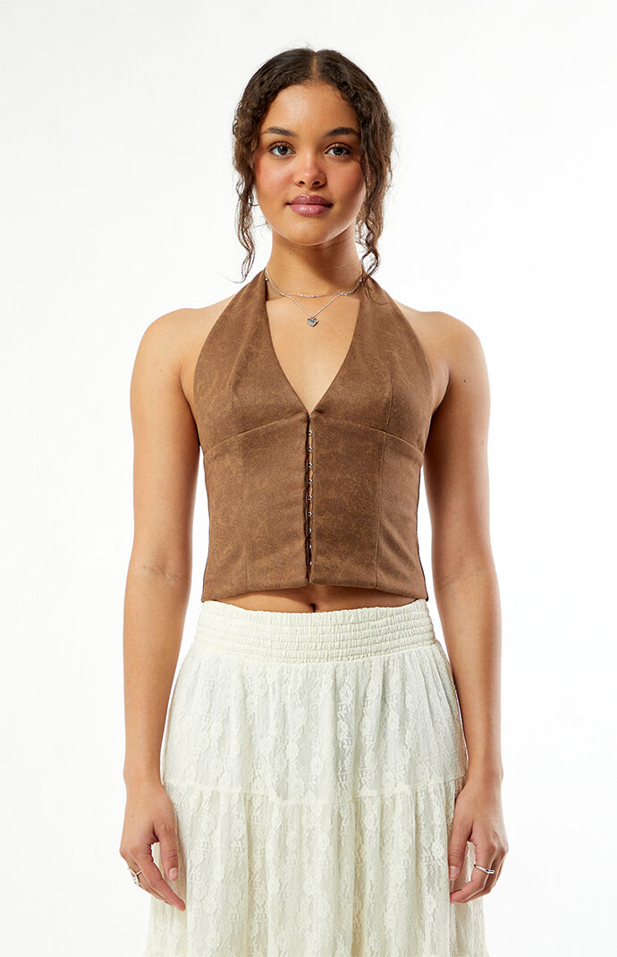 Your Favorite Paisley Faux Suede Hook-And-Eye Halter Top