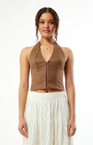 Paisley Faux Suede Hook-And-Eye Halter Top image number 3