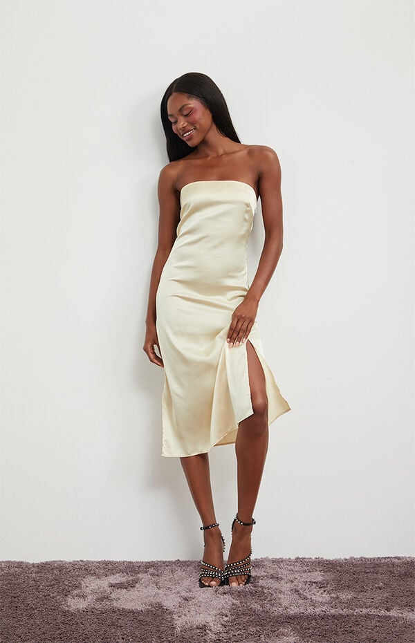 strapless midi slip dress Satin Strapless Print Midi Slip Dress