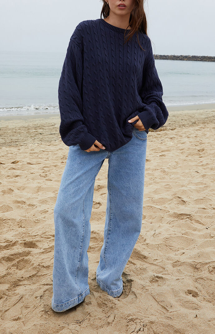 John Galt Blue Briana Cable Knit Oversized Sweater
