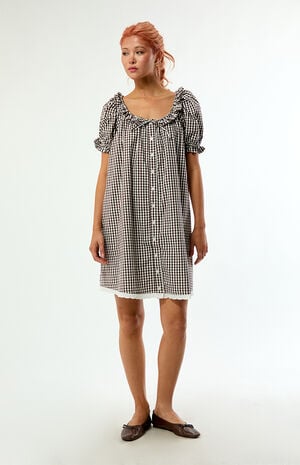 Gingham Puff Sleeve Button Up Mini Dress image number 5