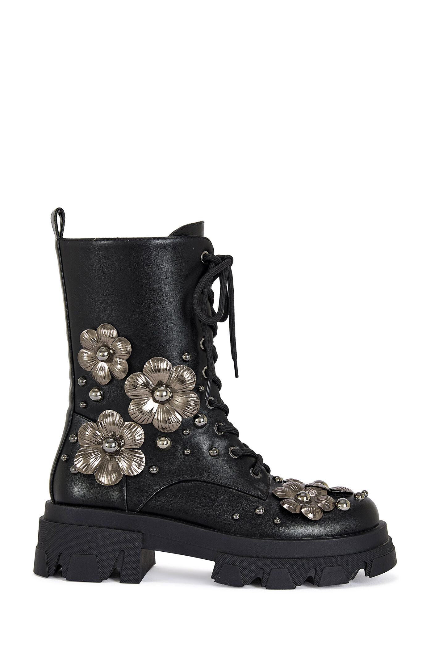 AZALEA WANG Women's Orquidea Black 3D Flower Combat Boots | Pacsun