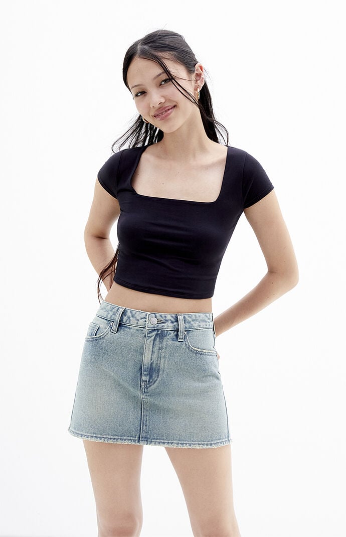 PacSun Medium Indigo Mid Rise Denim Mini Skirt PacSun