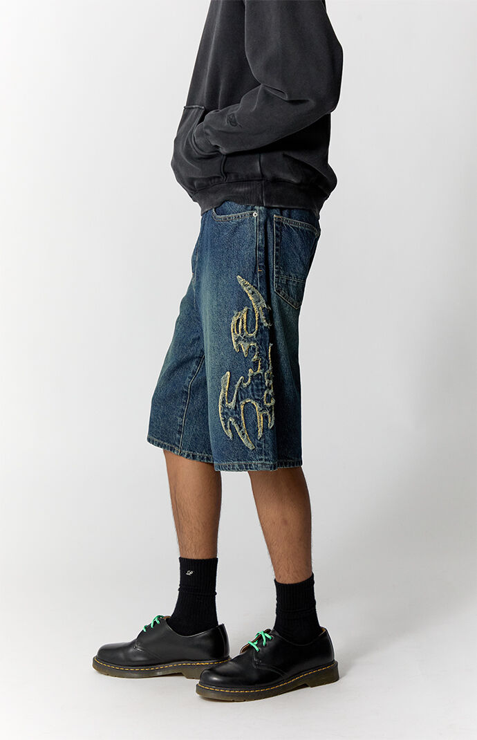 パンツ paradox archive y2k wide baggy shorts Pacsun Austin Extreme Baggy Jean Shorts Cyber Applique Dark Blue
