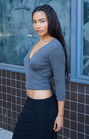 Gray Wrap Sweater Top image number 2