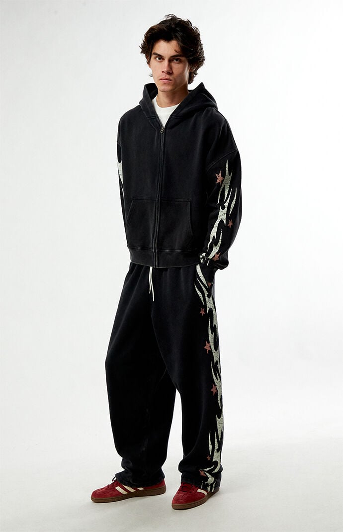 Pacsun Black Flame Star Fleece Baggy Sweatpants