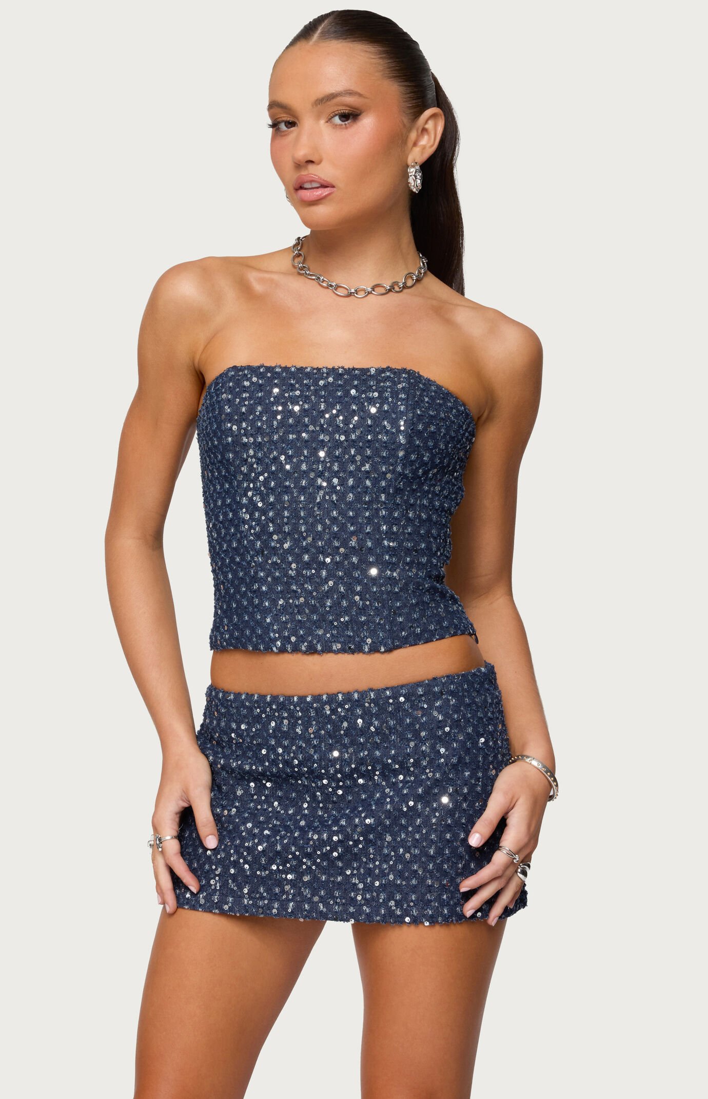 Edikted Sora Sequin Distressed Denim Corset
